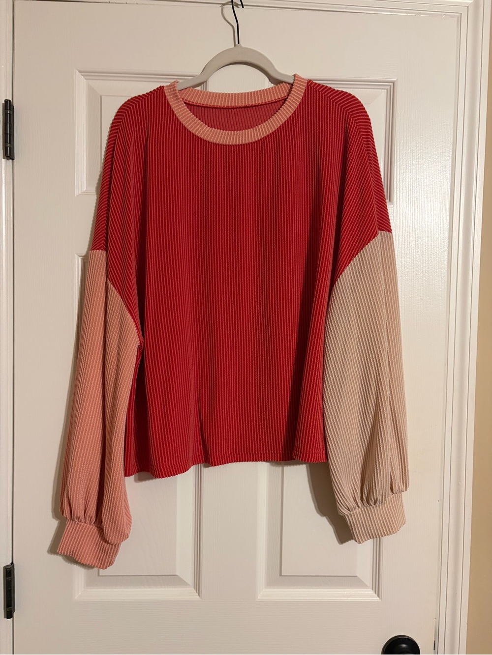 SHEIN Red & Peach Colorblock Ribbed Balloon Sleeve Top